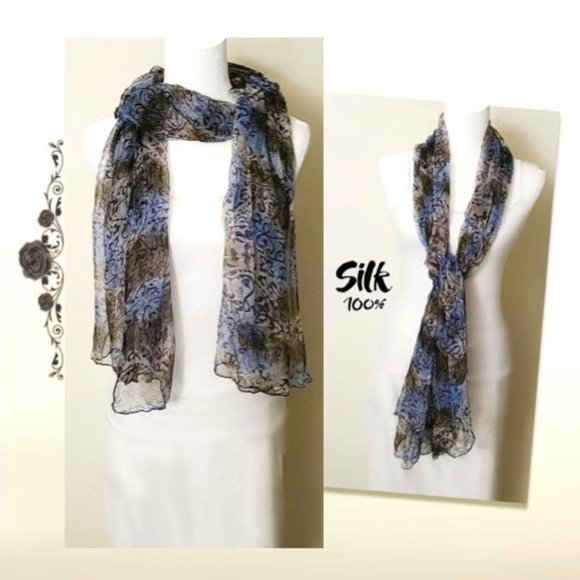 100% Silk Rectangle Long Scarf Sheer Blue Brown Floral Print Soft Lightweight - Picture 3 of 11